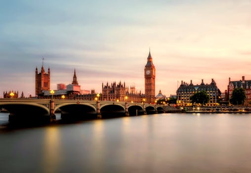 Scenic view of Big Ben and Westminster Bridge over the Thames River at sunset in London, UK.